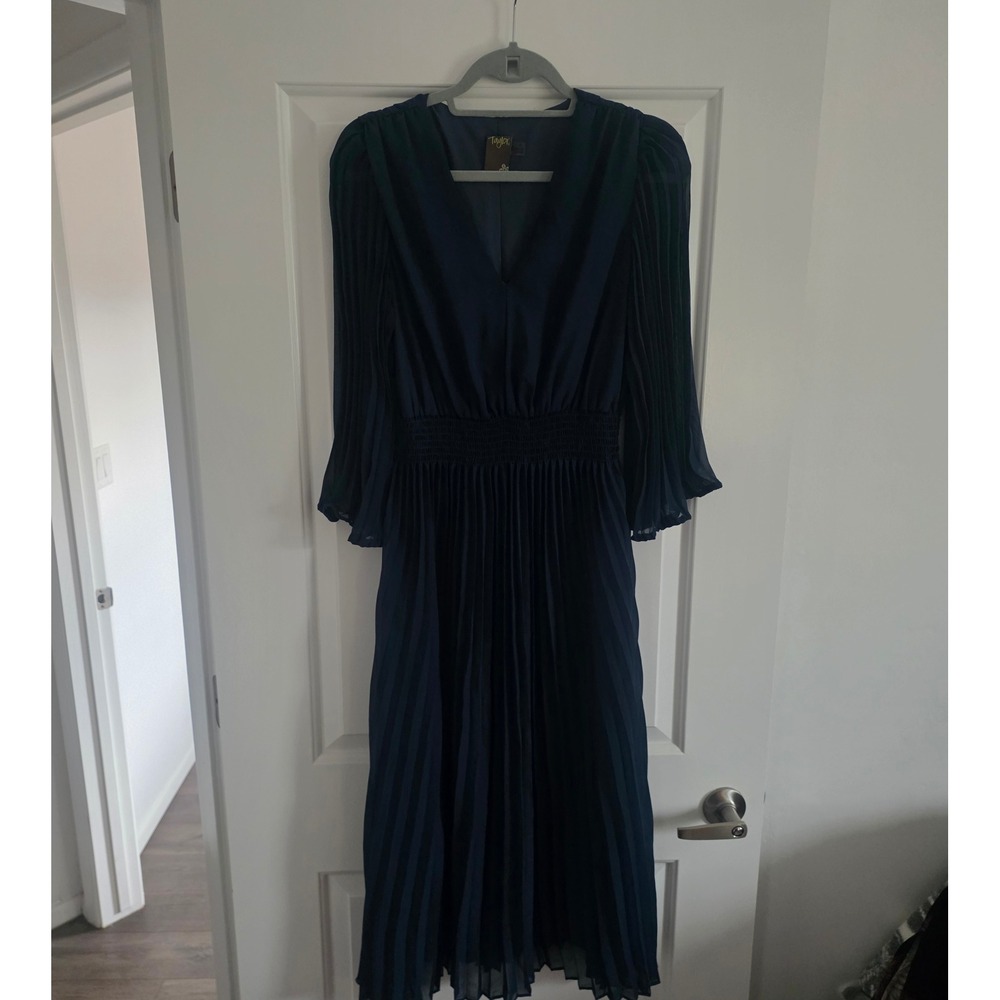 Taylor Navy Blue Pleated Midi Dress Smocked Waist V-Neck 3/4 Sleeve Size 12